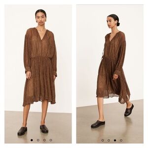 VINCE Starry Dot Long Sleeve Pleated Midi Dress Brown Polka Dot Large NWT